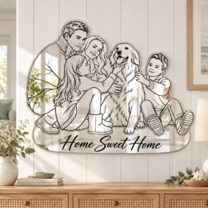 01-family-mirror-main Home Sweet Home custom family and golden retriever line-art acrylic mirror in a light oak coastal farmhouse entryway.