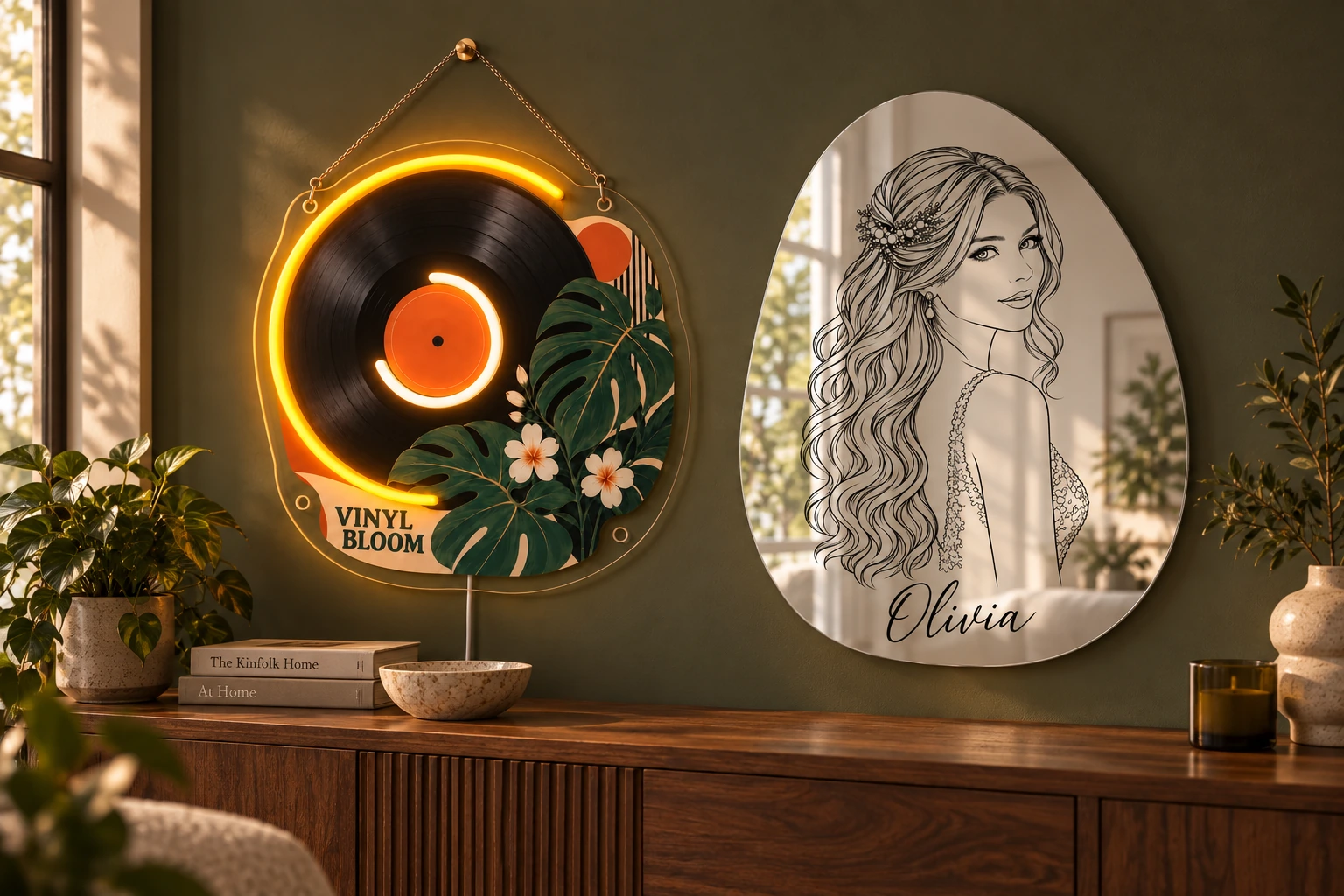 Vinyl Bloom neon wall art and Olivia portrait mirror above a walnut console