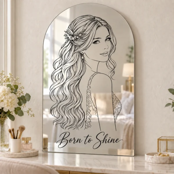 01-main Born to Shine Custom Portrait Arch Mirror – Personalized Line Art & Text