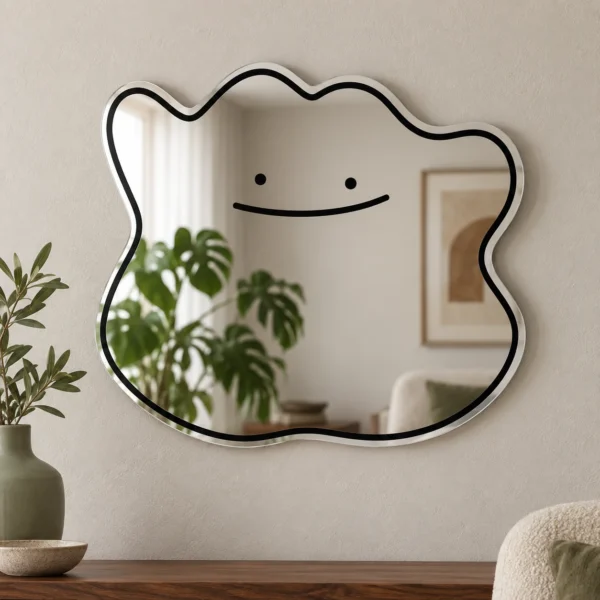 01-smile-mirror-main Smile blob acrylic wall mirror with a black smiling face and irregular outline on a warm neutral wall.