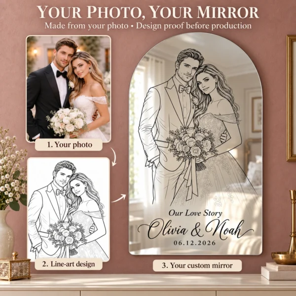 02-olivia-noah-photo-process Our Love Story Custom Wedding Line Art Mirror – Olivia & Noah