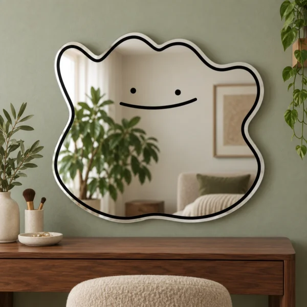02-smile-mirror-lifestyle Ready-made smile blob mirror styled on a sage wall with warm wood furniture.
