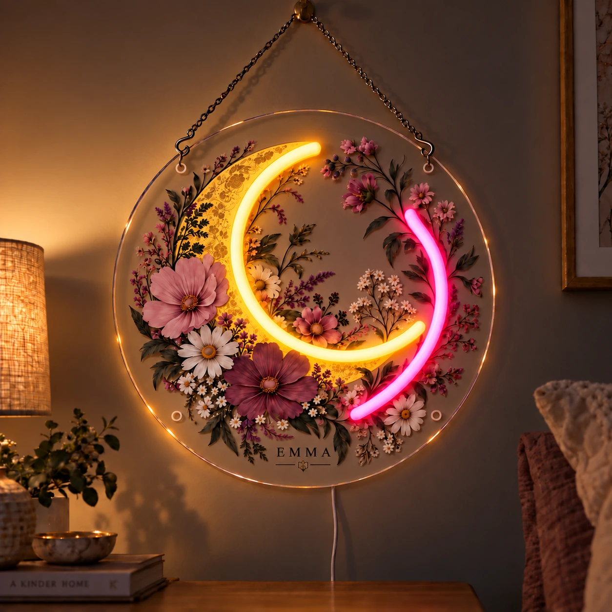 Birth Flower Moon floral crescent neon wall art