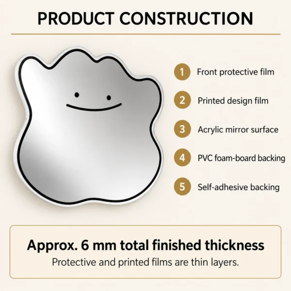 03-smile-mirror-construction Mirror construction: thin front protective film and printed film, acrylic mirror, PVC foam backing and self-adhesive rear; approximately 6 mm total.