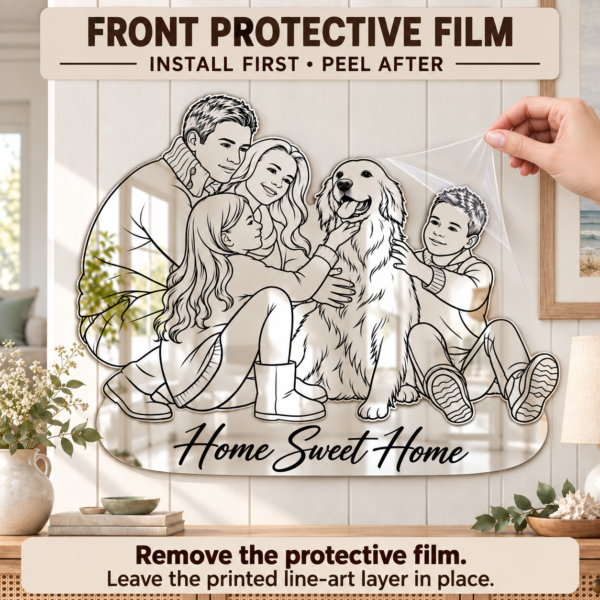05-front-protective-film Home Sweet Home Custom Family Line Art Mirror – Personalized Photo & Pet Wall Decor
