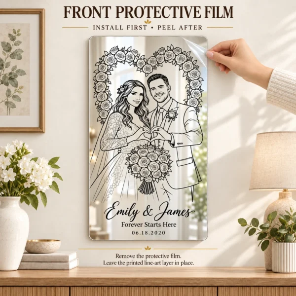 05-front-protective-film-square Emily & James Custom Wedding Line Art Mirror – Personalized Names & Date