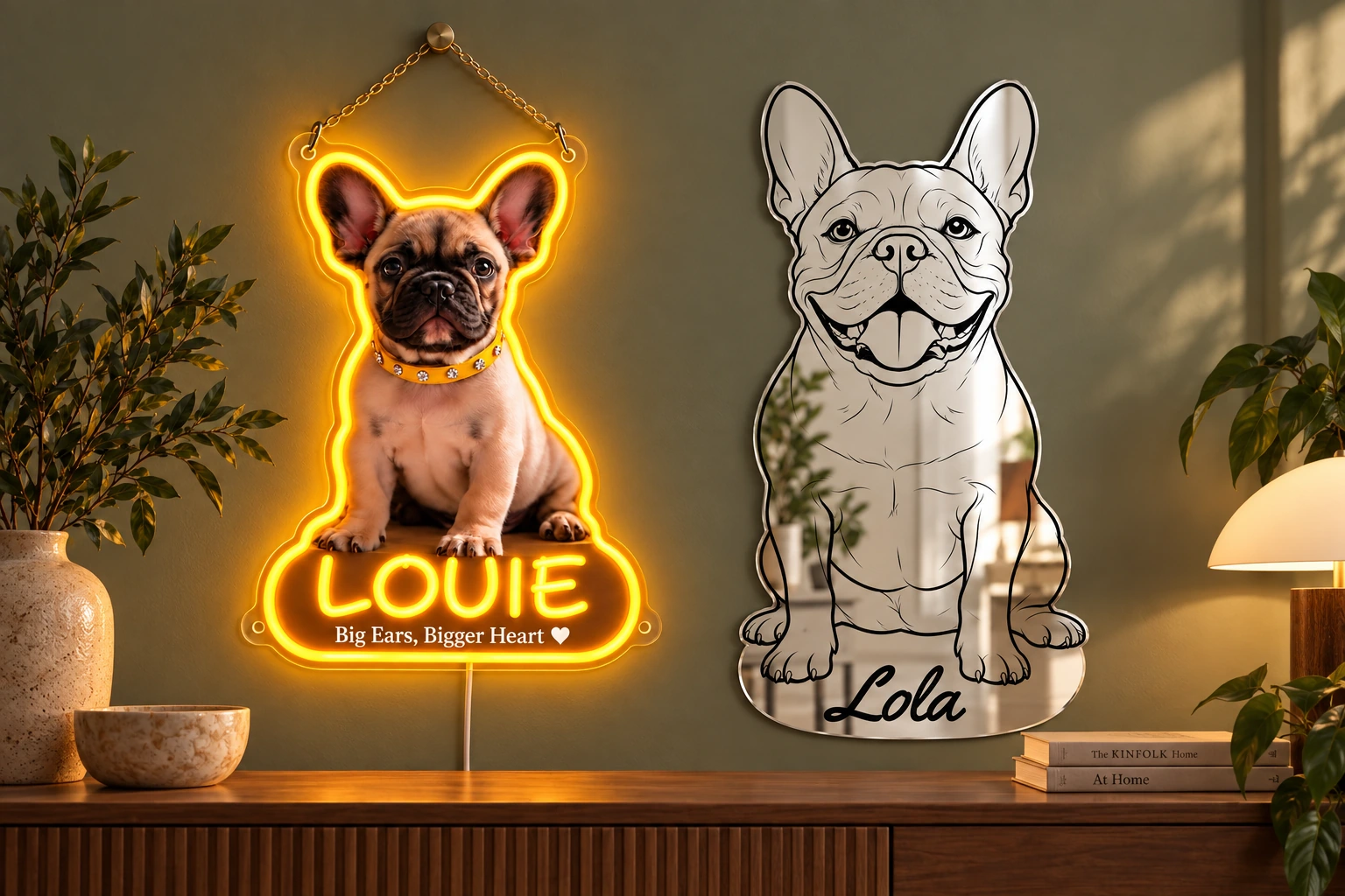 Louie photo neon and Lola French bulldog mirror displayed together