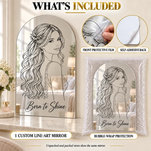 06-included Born to Shine Custom Portrait Arch Mirror – Personalized Line Art & Text