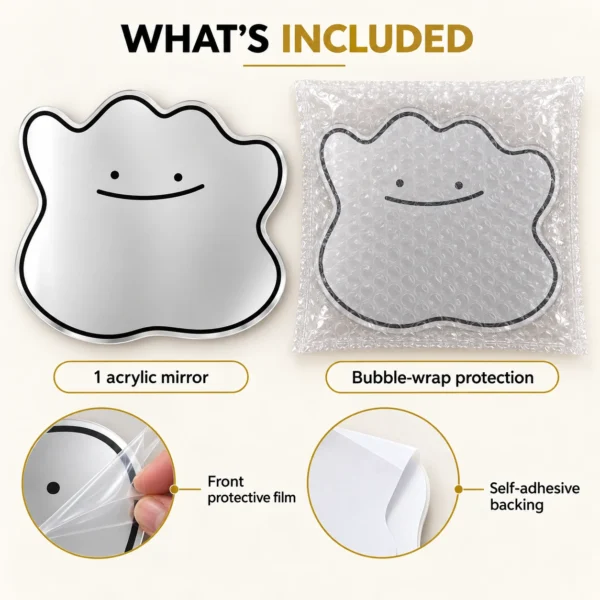06-smile-mirror-whats-included Smile blob acrylic mirror with front protective film, self-adhesive backing and protective bubble pouch; two views of one mirror.