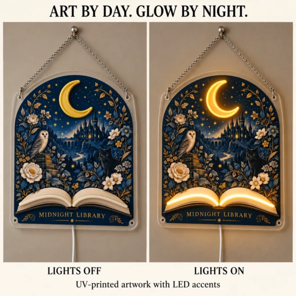 07 midnight library 02 lights on off Midnight Library — lights off and lights on comparison