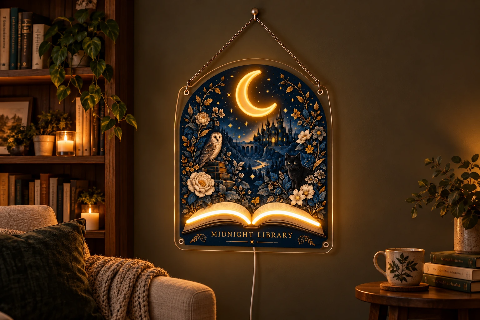 Midnight Library moon and book neon wall art in a warm reading nook