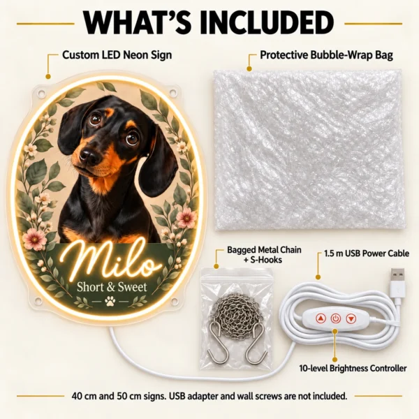 dachshund-07-milo-garden-05-included-v5 Milo Botanical Custom Dachshund LED Neon Sign – Personalized Pet Photo Wall Art