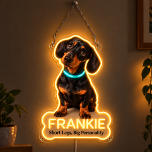 frankie-01-no-pendant Frankie dachshund neon sign with an ice-blue glowing collar and personalized bone-shaped name plaque