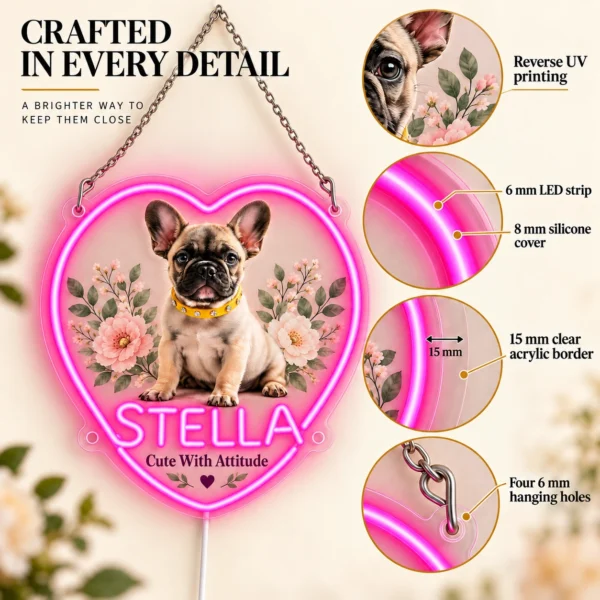Stella Floral Heart Custom French Bulldog LED Neon Sign – Personalized Pet Photo Wall Art