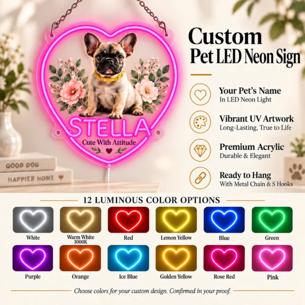 Stella Floral Heart Custom French Bulldog LED Neon Sign – Personalized Pet Photo Wall Art