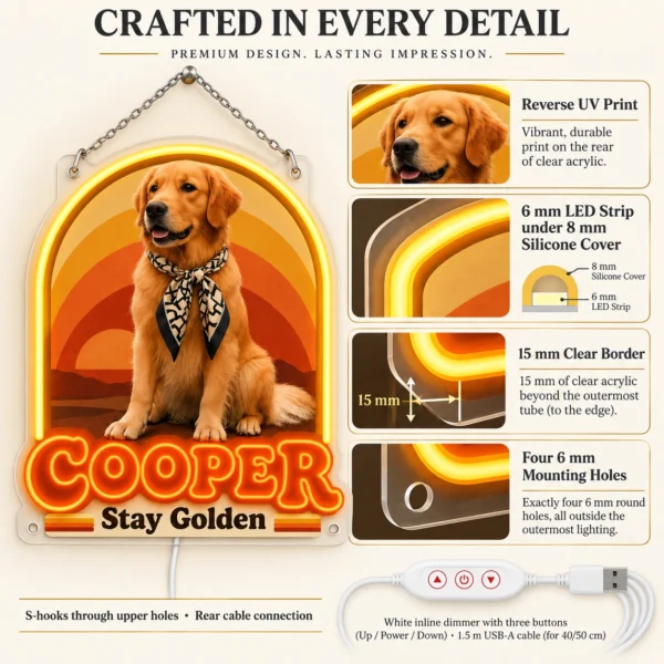 golden-02-cooper-sunset-04-construction-20260923 Cooper Sunset Arch Custom Golden Retriever LED Neon Sign – Personalized Pet Photo Wall Art