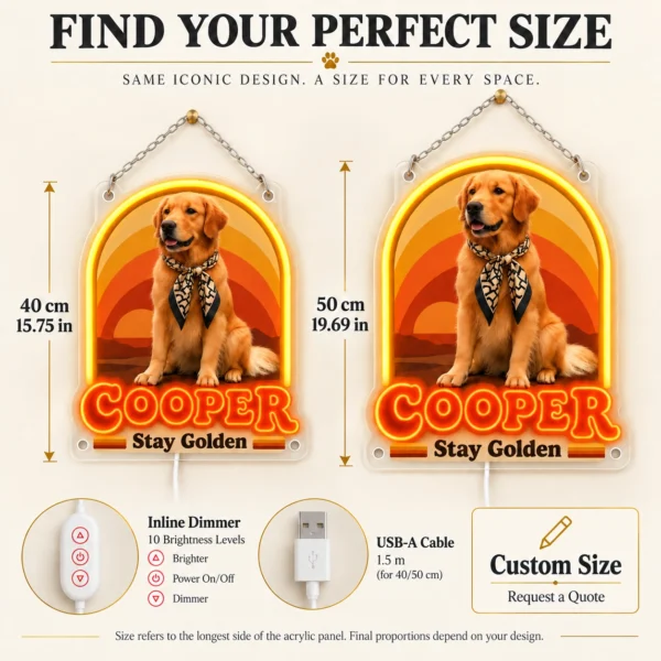 golden-02-cooper-sunset-07-size-options-20260923 Cooper Sunset Arch Custom Golden Retriever LED Neon Sign – Personalized Pet Photo Wall Art