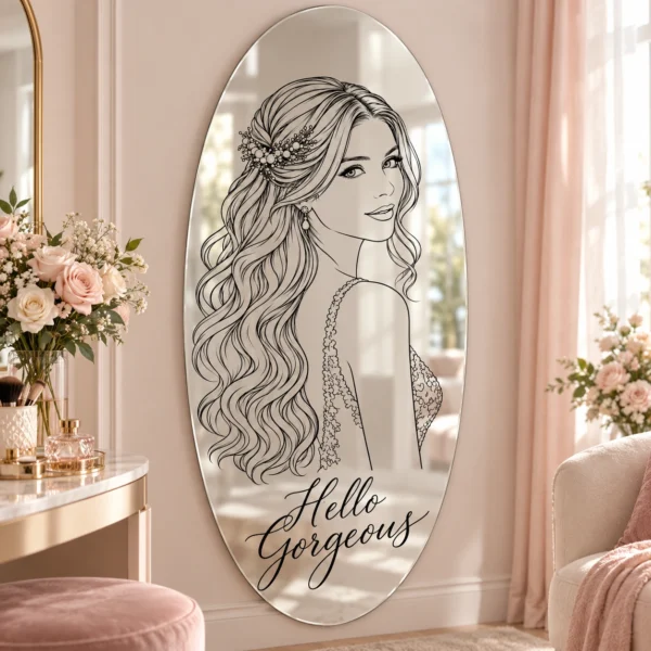 hello-gorgeous-01-main Hello Gorgeous Custom Oval Portrait Mirror – Personalized Line Art Gift