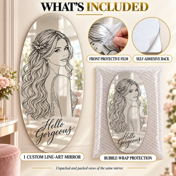 hello-gorgeous-06-included Hello Gorgeous Custom Oval Portrait Mirror – Personalized Line Art Gift