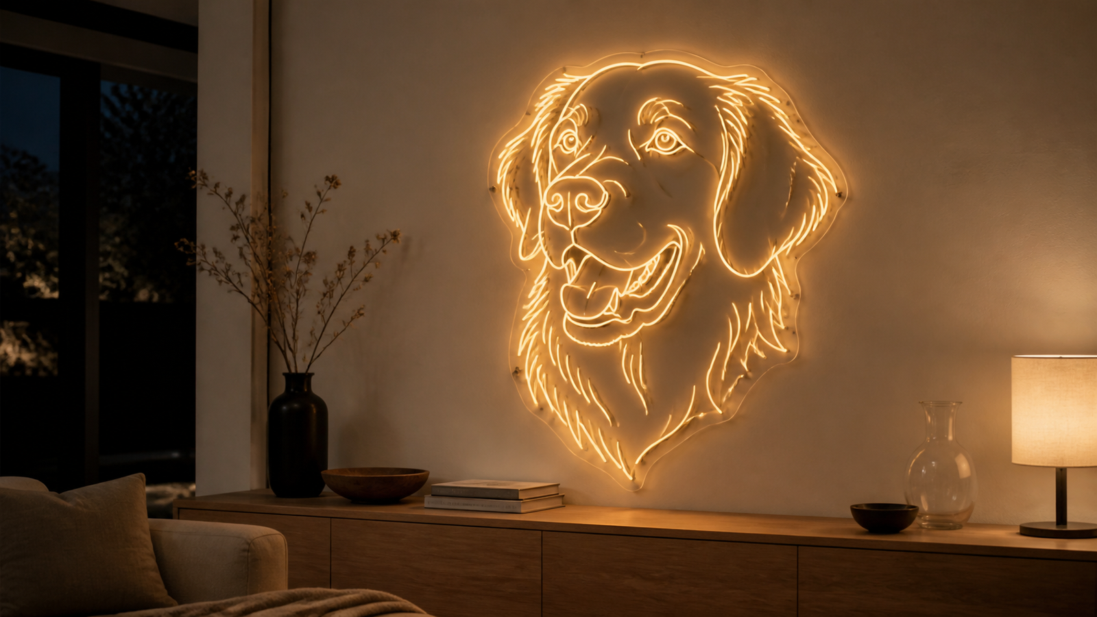 Custom golden retriever LED neon wall art in a warm modern interior