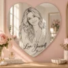 love-yourself-heart-01-main Love Yourself heart-shaped personalized portrait acrylic mirror with black line art in a blush and cream dressing room.