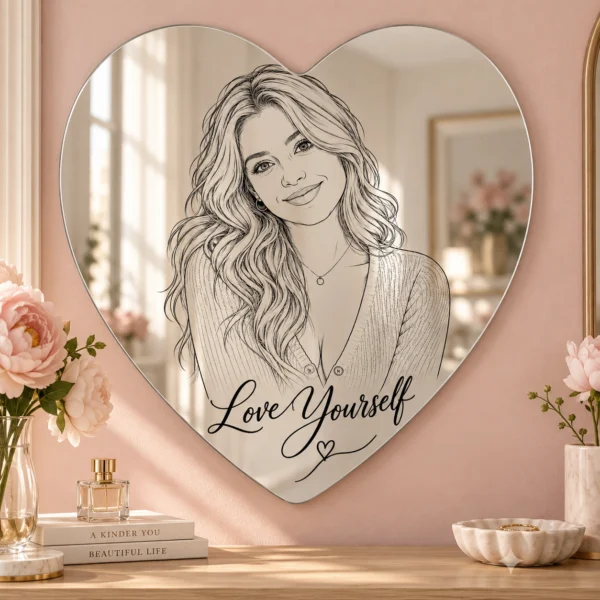 love-yourself-heart-01-main Love Yourself heart-shaped personalized portrait acrylic mirror with black line art in a blush and cream dressing room.