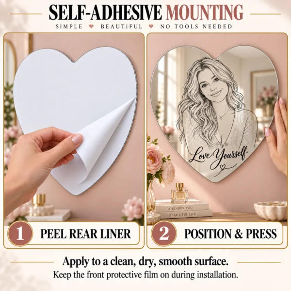 love-yourself-heart-04-mounting Love Yourself Custom Heart Portrait Mirror – Personalized Line Art & Text
