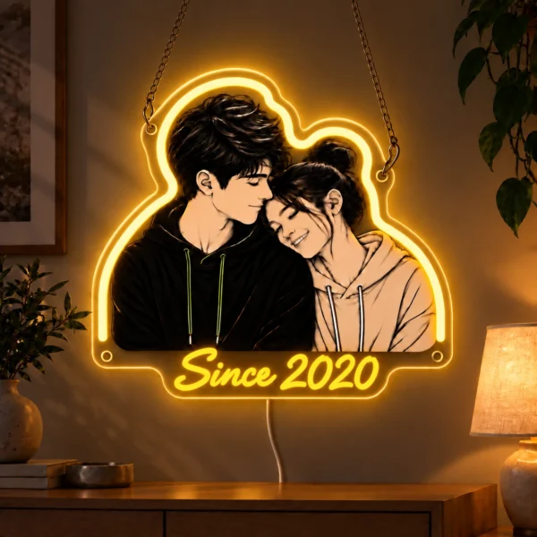 Since 2020 Custom Couple LED Neon Sign – Personalized Photo & Anniversary Date — dark illuminated main image Since 2020 Custom Couple LED Neon Sign – Personalized Photo & Anniversary Date with raised silicone LED accents and colored glow