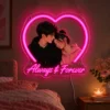 Always & Forever Custom Couple Photo LED Neon Sign – Personalized Heart Wall Art — dark illuminated main image Always & Forever Custom Couple Photo LED Neon Sign – Personalized Heart Wall Art with raised silicone LED accents and colored glow