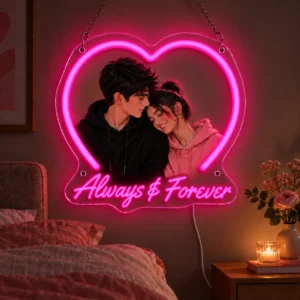 Always & Forever Custom Couple Photo LED Neon Sign – Personalized Heart Wall Art — dark illuminated main image Always & Forever Custom Couple Photo LED Neon Sign – Personalized Heart Wall Art with raised silicone LED accents and colored glow