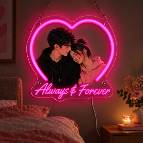 Always & Forever Custom Couple Photo LED Neon Sign – Personalized Heart Wall Art — dark illuminated main image Always & Forever Custom Couple Photo LED Neon Sign – Personalized Heart Wall Art with raised silicone LED accents and colored glow