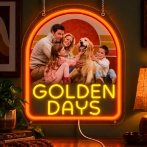 Golden Days Custom Family Photo LED Neon Sign – Personalized Retro Arch Wall Art — dark illuminated main image Golden Days Custom Family Photo LED Neon Sign – Personalized Retro Arch Wall Art with raised silicone LED accents and colored glow
