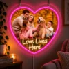 Love Lives Here Custom Family Photo LED Neon Sign – Personalized Heart Wall Art — dark illuminated main image Love Lives Here Custom Family Photo LED Neon Sign – Personalized Heart Wall Art with raised silicone LED accents and colored glow