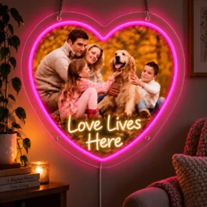 Love Lives Here Custom Family Photo LED Neon Sign – Personalized Heart Wall Art — dark illuminated main image Love Lives Here Custom Family Photo LED Neon Sign – Personalized Heart Wall Art with raised silicone LED accents and colored glow