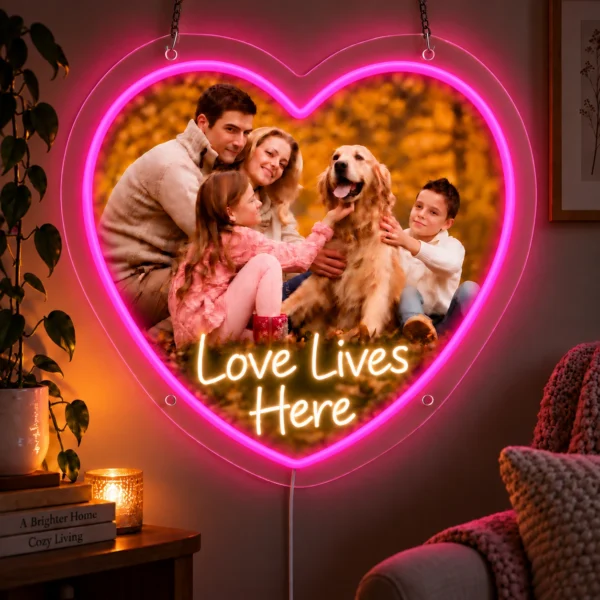 Love Lives Here Custom Family Photo LED Neon Sign – Personalized Heart Wall Art — dark illuminated main image Love Lives Here Custom Family Photo LED Neon Sign – Personalized Heart Wall Art with raised silicone LED accents and colored glow