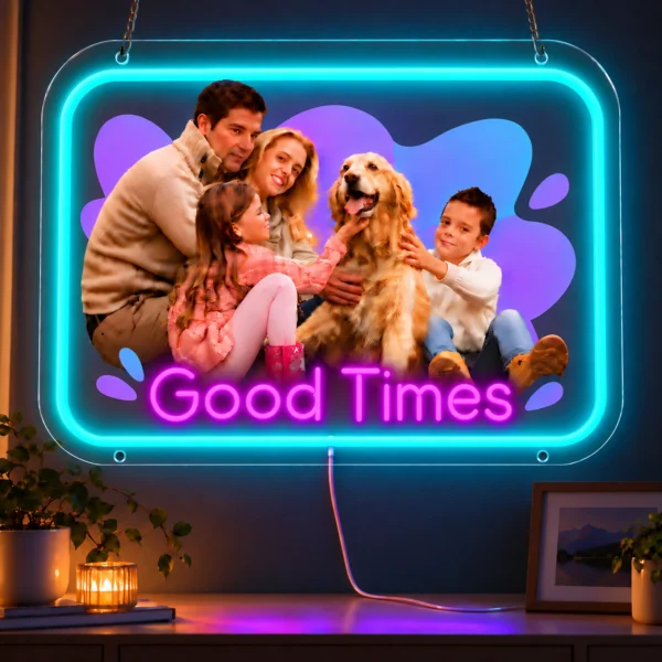 Good Times Custom Family Photo LED Neon Sign – Personalized Blue & Purple Wall Art — dark illuminated main image Good Times Custom Family Photo LED Neon Sign – Personalized Blue & Purple Wall Art with raised silicone LED accents and colored glow
