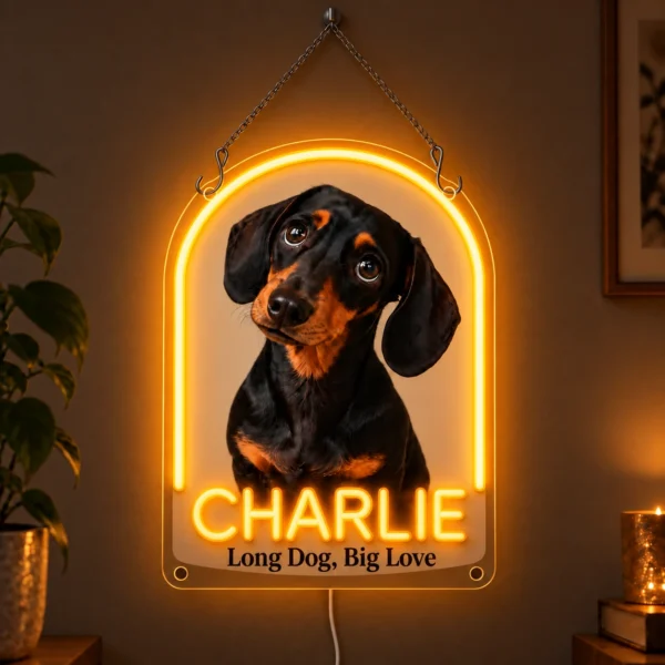 Charlie Arch Custom Dachshund LED Neon Sign – Personalized Pet Photo Wall Art — dark illuminated main image Charlie Arch Custom Dachshund LED Neon Sign – Personalized Pet Photo Wall Art with raised silicone LED accents and colored glow