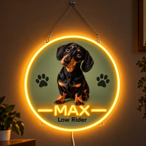 Max Round Badge Custom Dachshund LED Neon Sign – Personalized Pet Photo Wall Art — dark illuminated main image Max Round Badge Custom Dachshund LED Neon Sign – Personalized Pet Photo Wall Art with raised silicone LED accents and colored glow