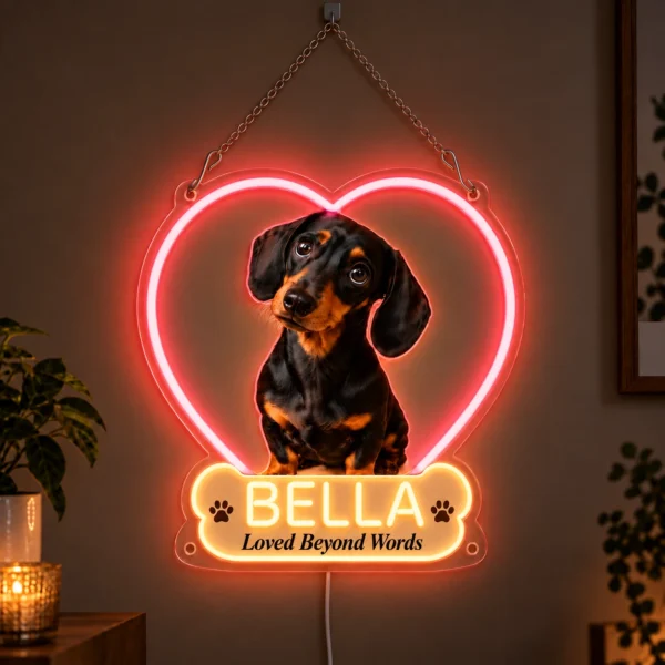 Bella Heart Custom Dachshund LED Neon Sign – Personalized Pet Photo Wall Art — dark illuminated main image Bella Heart Custom Dachshund LED Neon Sign – Personalized Pet Photo Wall Art with raised silicone LED accents and colored glow