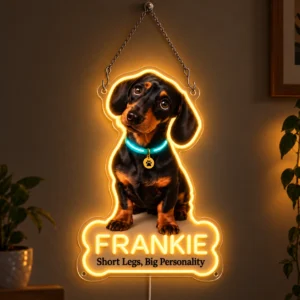 Frankie Glowing Collar Custom Dachshund LED Neon Sign – Personalized Pet Photo Wall Art — dark illuminated main image Frankie Glowing Collar Custom Dachshund LED Neon Sign – Personalized Pet Photo Wall Art with raised silicone LED accents and colored glow