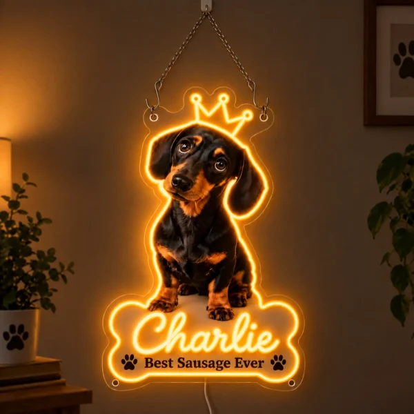 Charlie Crown Custom Dachshund LED Neon Sign – Personalized Pet Photo Wall Art — dark illuminated main image Charlie Crown Custom Dachshund LED Neon Sign – Personalized Pet Photo Wall Art with raised silicone LED accents and colored glow