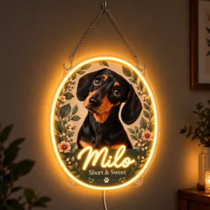 Milo Botanical Custom Dachshund LED Neon Sign – Personalized Pet Photo Wall Art — dark illuminated main image Milo Botanical Custom Dachshund LED Neon Sign – Personalized Pet Photo Wall Art with raised silicone LED accents and colored glow
