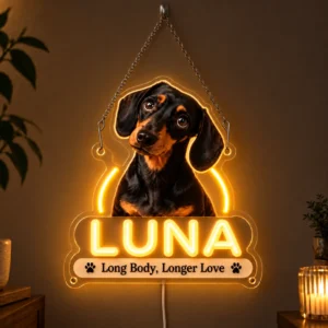 Luna Name Spotlight Custom Dachshund LED Neon Sign – Personalized Pet Photo Wall Art — dark illuminated main image Luna Name Spotlight Custom Dachshund LED Neon Sign – Personalized Pet Photo Wall Art with raised silicone LED accents and colored glow