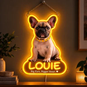 Louie Outline Custom French Bulldog LED Neon Sign – Personalized Pet Photo Wall Art — dark illuminated main image Louie Outline Custom French Bulldog LED Neon Sign – Personalized Pet Photo Wall Art with raised silicone LED accents and colored glow