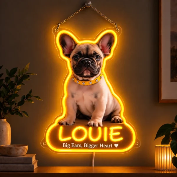 Louie Outline Custom French Bulldog LED Neon Sign – Personalized Pet Photo Wall Art — dark illuminated main image Louie Outline Custom French Bulldog LED Neon Sign – Personalized Pet Photo Wall Art with raised silicone LED accents and colored glow