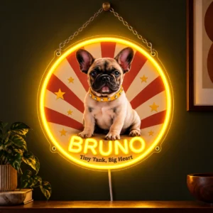 Bruno Retro Badge Custom French Bulldog LED Neon Sign – Personalized Pet Photo Wall Art — dark illuminated main image Bruno Retro Badge Custom French Bulldog LED Neon Sign – Personalized Pet Photo Wall Art with raised silicone LED accents and colored glow