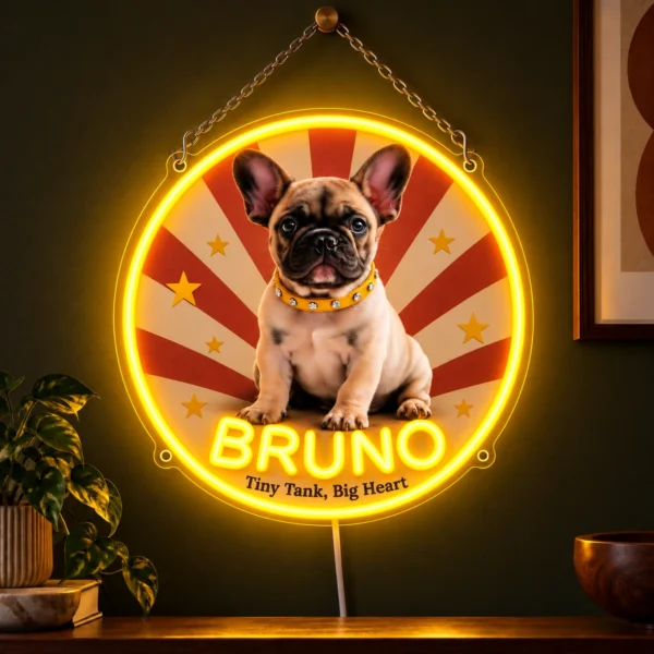 Bruno Retro Badge Custom French Bulldog LED Neon Sign – Personalized Pet Photo Wall Art — dark illuminated main image Bruno Retro Badge Custom French Bulldog LED Neon Sign – Personalized Pet Photo Wall Art with raised silicone LED accents and colored glow