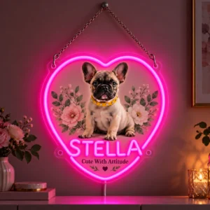 Stella Floral Heart Custom French Bulldog LED Neon Sign – Personalized Pet Photo Wall Art — dark illuminated main image Stella Floral Heart Custom French Bulldog LED Neon Sign – Personalized Pet Photo Wall Art with raised silicone LED accents and colored glow
