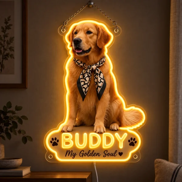 Buddy Outline Custom Golden Retriever LED Neon Sign – Personalized Pet Photo Wall Art — dark illuminated main image Buddy Outline Custom Golden Retriever LED Neon Sign – Personalized Pet Photo Wall Art with raised silicone LED accents and colored glow
