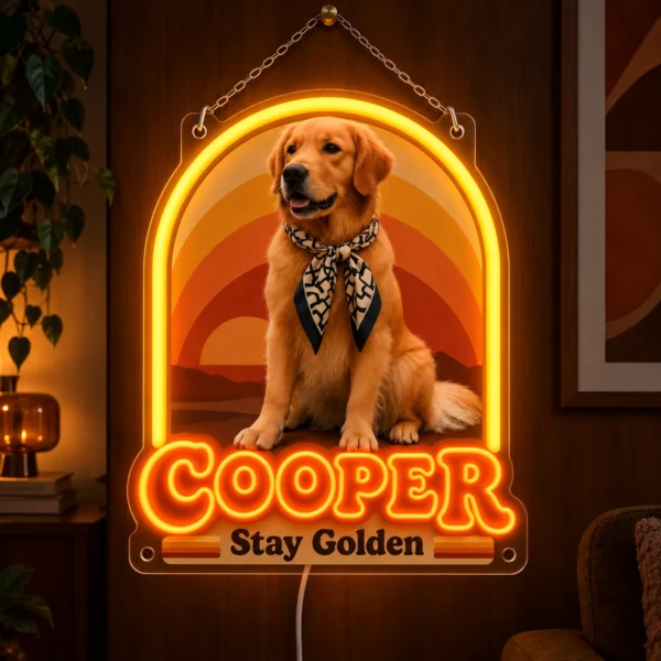 Cooper Sunset Arch Custom Golden Retriever LED Neon Sign – Personalized Pet Photo Wall Art — dark illuminated main image Cooper Sunset Arch Custom Golden Retriever LED Neon Sign – Personalized Pet Photo Wall Art with raised silicone LED accents and colored glow